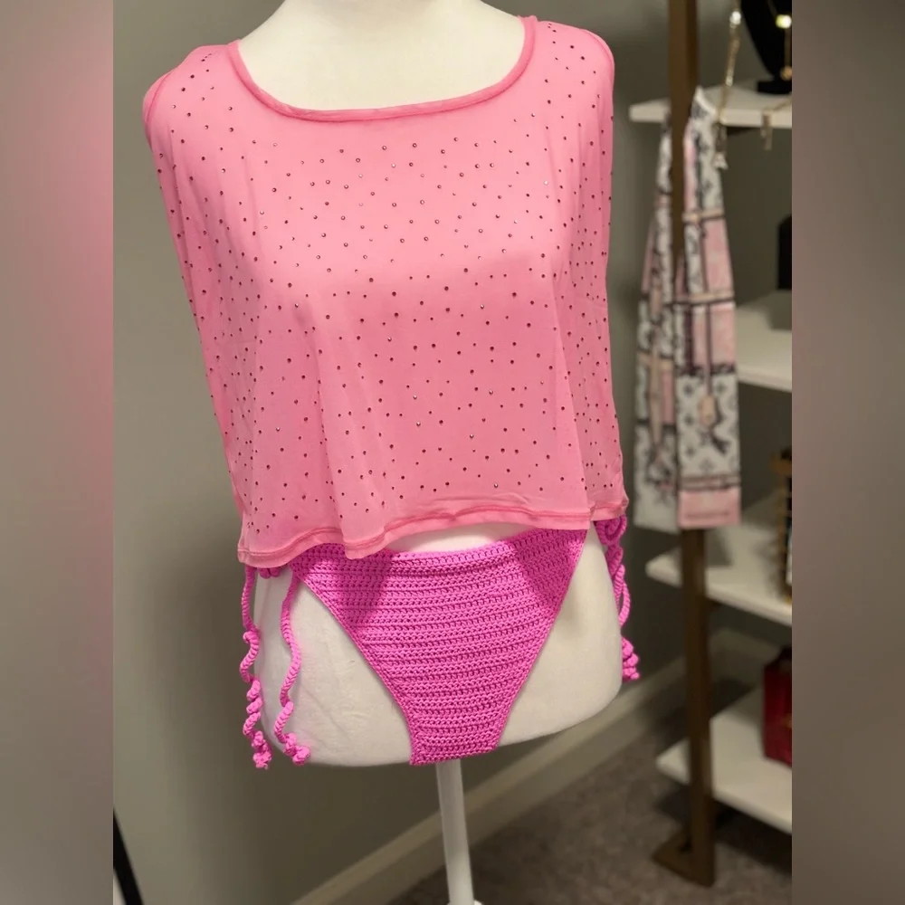 SKIMS PINK CROCHET SWIM TIE BOTTOMS / NWT